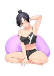  apex_legends arm_behind_head bangs barefoot bean_bag_chair black_hair black_shorts breasts bubble cleavage gym_shorts hair_behind_ear hair_bun highres leaning_to_the_side medium_breasts midriff navel one_eye_closed parted_bangs pinku_pansaa shorts waking_up white_background wraith_(apex_legends) 