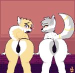  anthro arctic_fox bulge butt canid canine canis clothing digital_media_(artwork) domestic_dog duo fox gradient_background hi_res male male/male mammal markings outline pixel_(artwork) presenting rear_view ring_(marking) rookiecookie shiba_inu short_tail simple_background spitz 