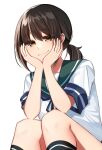  1girl black_hair black_legwear blue_sailor_collar brown_eyes feet_out_of_frame fubuki_(kancolle) hands_on_own_face highres kantai_collection katsuobushi_(eba_games) kneehighs long_hair sailor_collar school_uniform serafuku simple_background sitting smile solo white_background 