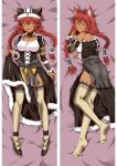  1girl animal_ear_fluff animal_ears bed_sheet black_dress black_sleeves braid bridal_gauntlets collarbone dakimakura_(medium) dark-skinned_female dark_skin dress from_above full_body fur-trimmed_dress fur_trim garter_straps long_hair long_sleeves lupusregina_beta lying moeanime on_back on_side overlord_(maruyama) red_hair shiny shiny_hair shiny_skin shirt skirt_hold solo split_screen thighhighs twin_braids very_long_hair white_legwear white_shirt wolf_ears yellow_eyes 