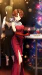  2girls blurry blurry_background blush brown_eyes brown_hair christmas_tree closed_mouth cup doukyuusei doukyuusei_another_world dress drinking_glass earrings elbow_gloves game_cg gloves hair_ribbon jewelry long_dress multiple_girls non-web_source red_dress red_gloves ribbon shingyouji_reiko shiny shiny_hair short_hair side_slit sleeveless sleeveless_dress smile solo_focus standing white_ribbon 