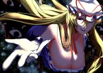  1girl absurdres black_eyes blonde_hair blurry blurry_background bow breasts choker depth_of_field floating floating_hair gap_(touhou) hair_between_eyes hair_bow half-closed_eyes hanging_breasts hat hat_ribbon highres huge_breasts long_hair looking_at_viewer looking_to_the_side mob_cap open_hand purple_eyes purple_pupils red_bow ribbon ribbon_choker shaded_face shiny shiny_skin short_sleeves sidelocks sleeve_pull smile solo space touhou urizaku3 very_long_hair white_headwear yakumo_yukari 