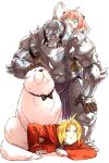  1girl 2boys ahoge alphonse_elric amestris_military_uniform anger_vein anya_(spy_x_family) armor blonde_hair bond_(spy_x_family) bow bowtie brothers child cone_hair_bun crossover dog edward_elric female_child full_armor fullmetal_alchemist great_pyrenees green_eyes hair_bun haraya_manawari highres multiple_boys pink_hair siblings spy_x_family 