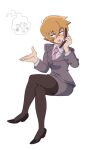  1girl black_footwear blonde_hair blush ch0og0o collared_shirt crossed_legs ekubo_(mob_psycho_100) formal genderswap genderswap_(mtf) hair_between_eyes highres holding holding_phone invisible_chair long_sleeves mob_psycho_100 nail_polish necktie open_mouth pantyhose phone reigen_arataka shirt short_hair simple_background sitting skirt suit white_background 