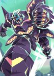  clenched_hands daison green_eyes highres horns lio_de_galon mecha no_humans promare robot running science_fiction smile solo super_robot 