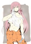  1girl akashi_(kancolle) artist_name blunt_tresses breasts clothes_lift dated gloves green_eyes hair_ribbon highres holding holding_wrench jumpsuit jumpsuit_around_waist kantai_collection long_hair looking_at_viewer midriff navel one-hour_drawing_challenge open_mouth orange_jumpsuit pink_hair ribbon shirt_lift solo strap_slip taira_yuuki tank_top tress_ribbon two-tone_background underboob very_long_hair white_tank_top wiping_sweat wrench 