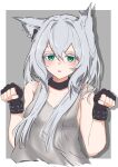  1girl absurdres animal_ear_fluff animal_ears aqua_eyes arknights black_gloves blush cat_ears cat_girl collarbone commentary earpiece fingerless_gloves gloves grey_hair grey_tank_top highres infection_monitor_(arknights) long_hair paw_pose rosmontis_(arknights) solo tank_top wanko0304 