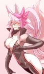  1girl absurdres animal_ears bodysuit breasts cleavage fate/grand_order fate_(series) fox_ears fox_tail glasses highres himo koyanskaya_(fate) large_breasts pink_hair simple_background tail tamamo_(fate) yellow_eyes 