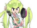  1girl absurdres apron arthropod_girl black_eyes evolvingmonkey frying_pan green_hair highres holding holding_frying_pan holding_spatula looking_at_viewer mantis_akiyama mantis_girl open_mouth original sharp_teeth short_hair simple_background smile solo spatula teeth upper_body white_background 