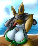  absurd_res beach big_breasts blue_body blue_fur bodily_fluids bra breasts butt canid canine clothed clothing digital_media_(artwork) female food fur hi_res huge_breasts innuendo licking looking_at_viewer lucario mammal neksu nintendo pok&eacute;mon pok&eacute;mon_(species) popsicle sea seaside shiny_pok&eacute;mon sky smile solo sucking tongue tongue_out underwear video_games water 