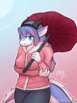  anthro blue_eyes clothed clothing dragon female fully_clothed hair long_hair long_tail masteroflasagna parasol solo sweater topwear 