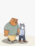  2022 anthro black_nose blush bodily_fluids bottomwear brown_body canid canine clothing duo grey_body hand_holding hi_res kemono male mammal overweight overweight_male pants pommn_mn shirt simple_background sweat topwear ursid walking white_body 