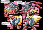  2022 3_fingers absurd_res anthro black_body blue_body blush canid canine clothing d682 dialogue digital_media_(artwork) fingers forced forced_transformation fur grin hand_on_bulge hi_res living_costume male mammal mega_evolution mega_lucario nintendo null_bulge pink_body pink_fur pok&eacute;mon pok&eacute;mon_(species) red_body red_eyes rubber rubber_clothing rubber_suit smile speech_bubble suit_transformation talking_to_another talking_to_partner teeth transformation video_games white_body white_fur yellow_body 
