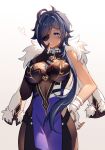  1girl asymmetrical_gloves bare_shoulders black_gloves blue_eyes blue_hair blush breasts dark-skinned_female dark_skin dress earrings eyepatch fur_(clothing) genderswap genderswap_(mtf) genshin_impact gloves grin hand_on_hip heart highres jewelry kaeya_(genshin_impact) long_hair low_ponytail one_eye_covered ponytail sabakuyoru simple_background smile solo standing symbol-shaped_pupils white_gloves 