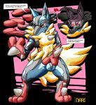  2022 3_fingers abstract_background after_transformation anthro black_body blue_body blush canid canine clothing d682 dialogue digital_media_(artwork) fingers fur hand_on_bulge hi_res living_costume male mammal mega_evolution mega_lucario nintendo null_bulge pink_body pink_fur pok&eacute;mon pok&eacute;mon_(species) pose red_body red_eyes rubber rubber_clothing rubber_suit smile smirk speech_bubble spikes spikes_(anatomy) suit_transformation toothy_grin transformation video_games white_body white_fur yellow_body 
