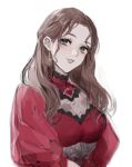  1girl black_t_t brown_hair cleavage_cutout clothing_cutout collared_dress commentary_request dorothea_arnault dress earrings fire_emblem fire_emblem:_three_houses fire_emblem_warriors:_three_hopes from_side green_eyes half_updo high_collar jewelry korean_commentary long_hair looking_to_the_side parted_lips puffy_sleeves red_dress simple_background single_earring sketch smile solo upper_body white_background 
