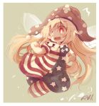  1girl american_flag_dress american_flag_legwear blonde_hair clownpiece commentary_request cowboy_shot fairy_wings green_background hat jester_cap kouba long_hair neck_ruff open_mouth red_eyes solo sweatdrop teeth touhou upper_teeth very_long_hair wings 