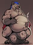  anthro belly big_belly big_bulge blue_hair bodily_fluids brown_body brown_fur bulge drooling fur green_eyes hair hand_on_stomach hi_res hyaenid male mammal muscular muscular_male overweight overweight_male saliva scottred solo tongue tongue_out 