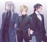  3boys alternate_costume asymmetrical_hair bangs black_gloves black_hair black_jacket black_pants black_shirt blonde_hair blue_eyes closed_eyes cloud_strife coat demi_co earrings final_fantasy final_fantasy_vii final_fantasy_vii_remake formal gloves gradient gradient_background grey_coat grey_hair hair_slicked_back hand_on_hip hands_in_pockets highres jacket jewelry long_coat long_hair looking_to_the_side multiple_boys necktie pants parted_bangs parted_lips ponytail sephiroth shirt short_hair single_earring sleeves_rolled_up smile spiked_hair suit_jacket upper_body waistcoat white_shirt zack_fair 