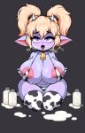  animal_print bell bell_collar big_breasts bikini blonde_hair breasts clothing collar cow_print female hair hi_res huge_breasts kneeling league_of_legends legwear marshort milk not_furry poppy_(lol) riot_games solo swimwear thick_thighs thigh_highs tongue tongue_out video_games yordle 