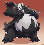  absurd_res anthro belly big_belly black_body black_fur fur giant_panda hand_on_stomach hi_res male mammal melee_weapon muscular muscular_male navel nintendo overweight overweight_male pangoro pok&eacute;mon pok&eacute;mon_(species) scottred sharp_teeth smile solo strongfat sword teeth ursid video_games weapon white_body white_fur 