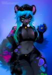  2022 absurd_res amy_(aquatheslimegirl) anthro areola areola_slip artist_name blue_eyes blue_hair blue_markings blue_spots breasts bug_thief clothing collar collar_tag digital_media_(artwork) ear_piercing felid feline female fluffy fluffy_tail fur gradient_background green_eyes green_hair green_markings green_spots grey_body grey_fur gun gun_holster hair hat headgear headwear heterochromia hi_res industrial_piercing long_hair long_tail mammal markings medium_breasts multicolored_body multicolored_fur navel piercing pink_areola pink_markings pink_nose pink_spots police_officer purple_markings purple_spots ranged_weapon simple_background solo spots text thick_thighs url weapon wide_hips 
