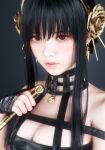  1girl 3d asian black_dress black_hair breasts cleavage dress earrings gold_hairband grey_background holding holding_knife jewelry knife maya_(medium) parted_lips photorealistic portrait realistic red_eyes sidelocks solo spy_x_family yor_briar yy_3dcg 