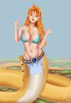  1girl absurdres artist_name asepn_(artist) belt_buckle bikini breasts buckle cleavage clima-tact highres lamia large_breasts loincloth monster_girl monsterification nami_(one_piece) one_piece orange_hair scales snake snake_tail swimsuit tail transformation 