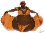  2019 4k absurd_res anthro artist_name bedroom_eyes belly belly_dancer big_belly big_breasts blush bottomwear breasts brown_bear brown_body brown_fur cleavage clothed clothing digital_drawing_(artwork) digital_media_(artwork) eyelashes female fur hair hi_res loincloth looking_at_viewer mammal multicolored_body narrowed_eyes navel nipple_outline orange_eyes orange_hair overweight overweight_anthro seductive short_hair signature simple_background skimpy smile solo spots spotted_body spotted_fur superix tan_body tan_fur tan_spots teeth thick_thighs two_tone_body ulyssa_(roadkillremy) ursid ursine white_background wide_hips 