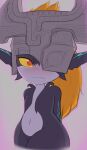  2022 armor blush cutie_mark fangs featureless_chest featureless_crotch female hair hands_behind_back hasbro headgear helmet hi_res humanoid humanoid_pointy_ears kierus looking_aside mammal midna my_little_pony navel nintendo not_furry orange_hair red_eyes simple_background smile solo the_legend_of_zelda twili twilight_princess video_games yellow_sclera 