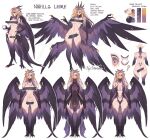 1girl artist_name bird_legs black_feathers black_wings breasts censored character_name character_sheet claws cup english_text extra_arms fangs feather_hair feathers harpy highres holding holding_cup large_breasts lip_piercing monster_girl nahilla_lhore_(shysiren) navel original piercing pointy_ears shysiren tail_feathers talons tongue_piercing wide_hips winged_arms wings yellow_eyes 