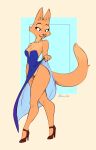  anthro blep canid canine clothed clothing clothing_lift diane_foxington dreamworks dress dress_lift female fox fur goolee high_heels mammal no_underwear orange_body orange_fur solo the_bad_guys tongue tongue_out 
