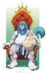  anthro belly big_belly blue_hair blush bodily_fluids chair crown cum cum_inflation duo facial_piercing felid fur furniture genital_fluids genitals grabbing_belly hair hi_res inflation lion male male/male mammal muscular muscular_male nose_piercing nose_ring pantherine penile_spines penis piercing ring_piercing royalty size_difference throne white_body white_fur wolfsecret 