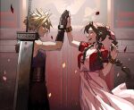  1boy 1girl aerith_gainsborough aqua_eyes arena armor bangs belt blonde_hair blue_shirt bracelet braid braided_ponytail breasts brown_hair buster_sword cleavage closed_eyes cloud_strife confetti cropped_jacket dress f20210401 final_fantasy final_fantasy_vii final_fantasy_vii_remake gloves hair_ribbon high_five highres jacket jewelry jewelry_removed long_dress long_hair materia medium_breasts multiple_belts muscular muscular_male necklace necklace_removed open_mouth pants parted_bangs pink_dress red_jacket ribbon shirt short_hair short_sleeves shoulder_armor sidelocks sleeveless sleeveless_shirt sleeveless_turtleneck smile spiked_hair suspenders turtleneck upper_body wavy_hair weapon weapon_on_back 