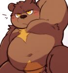  2022 96tning anthro armpit_hair belly big_belly blush body_hair brown_body kemono male mammal moobs navel overweight overweight_male simple_background solo ursid yellow_eyes 