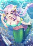  1girl :d air_bubble artist_name bangs bikini bikini_top_only bottle breasts bubble cleavage collarbone commentary_request conch fish green_bikini green_eyes hair_between_eyes heterochromia highres large_breasts long_hair mermaid monster_girl navel open_mouth original paper pearl_hair_ornament purple_eyes purple_hair ryofuhiko shell_hair_ornament smile solo starfish_hair_ornament swimming swimsuit twitter_username underwater watermark 