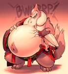  anthro asian_clothing belly big_belly bloated burping clothing east_asian_clothing floatzel hand_on_stomach hi_res japanese_clothing katana male melee_weapon navel nintendo open_mouth overweight overweight_male pok&eacute;mon pok&eacute;mon_(species) rumbling_stomach scottred solo sword video_games weapon 