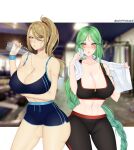  2girls absurdres ass_visible_through_thighs black_pants black_sports_bra blonde_hair blue_eyes blue_shorts blue_sports_bra blush bottle breasts cleavage closed_mouth collarbone cryptid_crab green_eyes green_hair highres holding holding_bottle kid_icarus large_breasts lips looking_at_viewer metroid mole mole_under_mouth multiple_girls navel palutena pants ponytail samus_aran shiny shiny_skin short_shorts shorts sports_bra super_smash_bros. twitter_username water water_bottle 