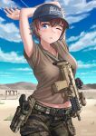  1girl baseball_cap blue_eyes blue_sky brown_hair brown_shirt camouflage camouflage_pants cloud cloudy_sky desert english_text gun handgun hat highres holster holstered_weapon mountain one_eye_closed original pants sand shirt shooting_range sky solo target target_practice waruzamurai weapon weapon_request 