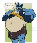  anthro belly big_belly bloated blue_body blue_fur bottomwear bulge clothing fur hand_on_stomach hi_res lucario male muscular muscular_male nintendo pecs pok&eacute;mon pok&eacute;mon_(species) red_eyes shirt shorts solo tank_top topwear video_games wolfsecret 