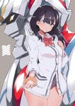  1girl bangs black_hair black_skirt blue_eyes bow breasts clenched_hand collared_shirt daison gridman_(ssss) gridman_universe hair_behind_ear highres mecha medium_breasts medium_hair miniskirt open_hand parted_lips red_bow robot scrunchie shirt skirt ssss.gridman takarada_rikka wrist_scrunchie yellow_eyes 