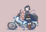  1girl ahoge akio_(akio024) alternate_costume asymmetrical_wings bag black_hair black_hoodie blue_wings blush boots brown_eyes brown_footwear casual commentary_request contemporary fang full_body ground_vehicle highres honda hood hoodie houjuu_nue knee_guards long_sleeves motor_vehicle motorcycle neck_ribbon red_background red_ribbon red_wings ribbon short_hair simple_background sitting skin_fang smile solo spiral touhou vehicle_name wings 