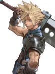  1boy armor asymmetrical_hair belt blonde_hair blue_eyes blue_pants blue_shirt buster_sword cloud_strife earrings final_fantasy final_fantasy_vii fingerless_gloves gloves hair_between_eyes hand_on_hip highres james_ghio jewelry looking_at_viewer muscular muscular_male over_shoulder pants shirt shoulder_armor single_earring sleeveless sleeveless_turtleneck solo spiked_hair suspenders turtleneck upper_body weapon weapon_over_shoulder white_background 