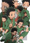  1boy black_hair child commentary_request eating food fruit gon_freecss green_shorts hand_wave highres holding holding_food hunter_x_hunter looking_at_viewer male_child male_focus oishi_gohan11_2 short_hair shorts smile spiked_hair tears v 