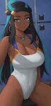  1girl bare_shoulders breasts cleavage collarbone highres large_breasts long_hair looking_at_viewer nessa_(pokemon) pokemon pokemon_(game) pokemon_swsh smile solo swimsuit zaphn 