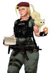  1girl absurdres animal animal_on_shoulder ayaki_d beret blonde_hair blue_eyes braid bulletproof_vest cammy_white cat cat_on_shoulder doughnut fingerless_gloves food gloves gun h&amp;k_mp5 hat highres long_hair police street_fighter street_fighter_v submachine_gun toned twin_braids weapon white_background 