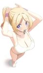  1girl absurdres aki_rosenthal armpits bangs biting blonde_hair blush breasts cleavage collarbone hair_tie_in_mouth highres hololive large_breasts long_hair mouth_hold parted_bangs ponytail purple_eyes sidelocks smile solo standing twin_(tt_lsh) tying_hair underwear virtual_youtuber white_background wristband 