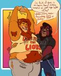  115_clockwork anthro armpit_hair belly big_belly body_hair bottomwear clothed clothing denim denim_clothing dialogue disney duo felid fur grabbing_belly hi_res jeans lion male male/male mammal mane mature_male one_eye_closed orange_body orange_fur overweight overweight_male pantherine pants simba stretching sweatpants text the_lion_king torn_clothing weight_gain yellow_sclera 