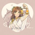  1girl arm_up armpits bangs brown_hair closed_mouth earrings green_eyes heart holding jewelry lever long_hair necklace pink_background rosa_(tears_of_themis) see-through solo tears_of_themis toga waffletop wreath 