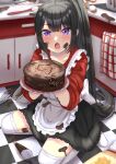  1girl :o absurdres apron back_bow bangs black_hair blush bow bowl cake checkered_floor chocolate chocolate_cake chocolate_on_body chocolate_on_clothes chocolate_on_face egg_(food) flour food food_on_body food_on_clothes food_on_face frills highres holding holding_plate indoors kitchen long_hair looking_at_viewer ma0rock messy on_floor open_mouth original pastry_bag plate ponytail powdered_sugar purple_eyes sitting skirt solo spatula sweater thighhighs tile_floor tiles very_long_hair wariza whisk 
